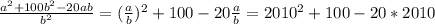 \frac{a^2+100b^2-20ab}{b^2} =( \frac{a}{b} )^2+100-20 \frac{a}{b} =2010^2+100-20*2010