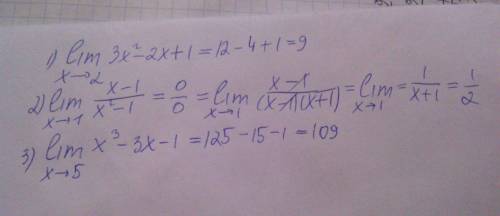 Найдите предел функции а)f(x)=3x^2-2x+1 , x-> 2 б)f(x)=(x-1)/(x^2-1) , x-> 1 в)f(x)=x^3-3x-1 ,