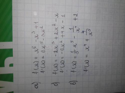 Найдите производную функций a)f(x)=x^6-x^3+1 б) f(x)= -2x^3+2x^2-x. в) f(x)=1/5 * x^5 - 1/x^4 +2