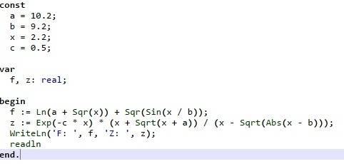 Вычислить при заданных константах a=10.2; b=9.2; x=2.2; c=0.5;