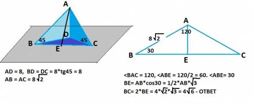 Из точки отстоящей от плоскости на 8см,проведенны две наклонные,образующие с плоскостью углы в 45 гр