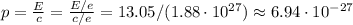 p = \frac{E}{c} = \frac{E/e}{c/e} = 13.05/(1.88\cdot10^{27}) \approx 6.94\cdot 10^{-27}