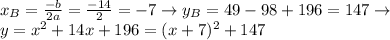 x_B=\frac{-b}{2a}=\frac{-14}{2}=-7\to y_B=49-98+196=147\to\\y=x^2+14x+196=(x+7)^2+147