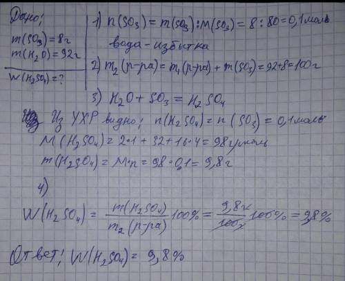 Оксид серы(vi) массой 8 г растворили в 92 г воды. определите массовую долю серной кислоты в образова
