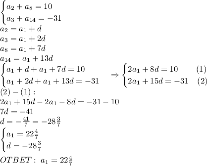 \begin{cases}a_2+a_8=10\\a_3+a_{14}=-31\end{cases}\\a_2=a_1+d\\a_3=a_1+2d\\a_8=a_1+7d\\a_{14}=a_1+13d\\\begin{cases}a_1+d+a_1+7d=10\\a_1+2d+a_1+13d=-31\end{cases}\Rightarrow\begin{cases}2a_1+8d=10\;\;\;\;\;\;\;\;(1)\\2a_1+15d=-31\;\;\;\;(2)\end{cases}\\(2)-(1):\\2a_1+15d-2a_1-8d=-31-10\\7d=-41\\d=-\frac{41}7=-28\frac37\\\begin{cases}a_1=22\frac47\\d=-28\frac37\end{cases}\\\\OTBET:\;a_1=22\frac47