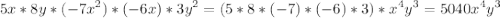 \displaystyle 5x*8y*(-7x^2)*(-6x)*3y^2=(5*8*(-7)*(-6)*3)*x^4y^3=5040x^4y^3