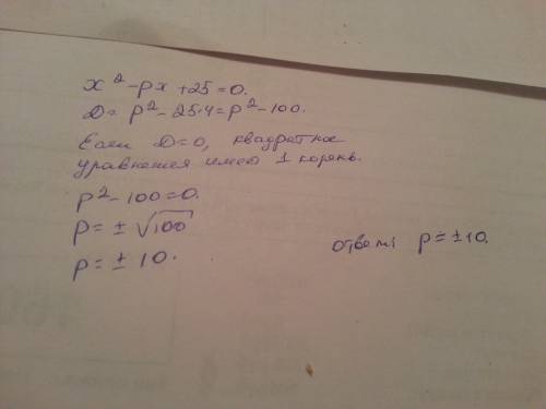 При каких значениях параметра p уравнение x^2-px+25=0 имеет один корень?
