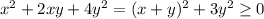 x^2 + 2xy + 4y^2 = (x + y)^2 + 3y^2 \geq 0