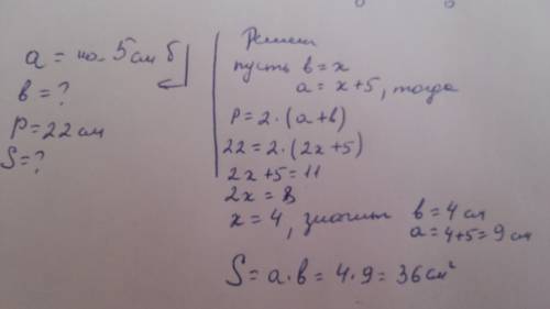 Длина прямоугольника на 5 см. большн его ширины. чему равна площадь этого прямоугольника если периме