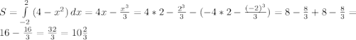 S= \int\limits^{2}_{-2} {(4-x^{2})} \, dx =4x- \frac{x^{3}}{3} =4*2- \frac{2^{3}}{3}-(-4*2- \frac{(-2)^{3}}{3})=8- \frac{8}{3}+8- \frac{8}{3}=16-\frac{16}{3}=\frac{32}{3}=10\frac{2}{3}