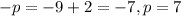 -p=-9+2=-7, p=7