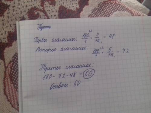 Сумма трёх чисел 180. первое составляет 4/15(дробь), а второе 6/15(дробь) суммы. найдите третье слог