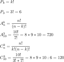 P_k=k!\\\\P_3=3!=6\\\\A_n^k=\dfrac{n!}{(n-k)!}\\\\A_{10}^3=\dfrac{10!}{7!}=8*9*10=720\\\\C_n^k=\dfrac{n!}{k!(n-k)!}\\\\C_{10}^3=\dfrac{10!}{3!*7!}=8*9*10 : 6=120