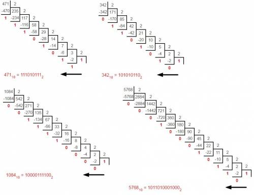 Переведите из десятичной дроби в двоичную. 471, 342, 1084, 5768 с решением только