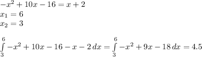 -x^2+10x-16=x+2 \\ &#10; x_{1} =6 \\ &#10; x_{2}=3 \\ \\ &#10; \int\limits^6_3 {-x^2+10x-16-x-2} \, dx = \int\limits^6_3 {-x^2+9x-18} \, dx =4.5