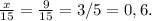 \frac{x}{15} = \frac{9}{15} = 3/5 = 0,6.