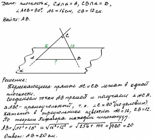 Наклонными 90 градусов.определитесь расстояние между точками пересечения наклонных с плоскостью, есл