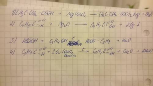 Заранее ! закончите уравнения реакций: 1. c2h5cooh + mg(oh)2 = 2. c4h9coh + ag2o = 3. hcooh + c3h7oh