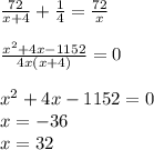 \frac{72}{x+4}+ \frac{1}{4}= \frac{72}{x} \\ \\ &#10; \frac{x^2+4x-1152}{4x(x+4)} =0 \\ \\ &#10;x^2+4x-1152=0 \\ &#10;x=-36 \\ &#10;x=32