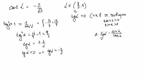 Найдите tga если cos a -2/корень из 13 и a принадлежит (0.5п: п)