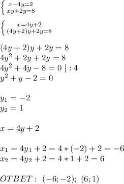 \left \{ {{x-4y=2} \atop {xy+2y=8}} \right. \\ \\ \left \{ {{x=4y+2} \atop {(4y+2)y+2y=8}} \right. \\ \\ (4y+2)y+2y=8 \\ 4y^2+2y+2y=8 \\ 4y^2+4y-8=0 \ |:4 \\ y^2+y-2=0 \\ \\ y_1=-2 \\ y_2=1 \\ \\ x=4y+2 \\ \\ x_1=4y_1+2=4*(-2)+2=-6 \\x_2=4y_2+2=4*1+2=6 \\ \\ OTBET: \ (-6;-2); \ (6;1)