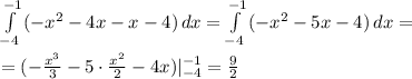 \int\limits^{-1}_{-4} {(-x^2-4x-x-4)} \, dx = \int\limits^{-1}_{-4} {(-x^2-5x-4)} \, dx =\\ \\ =(- \frac{x^3}{3} -5\cdot \frac{x^2}{2}-4x)|^{-1}_{-4}= \frac{9}{2}