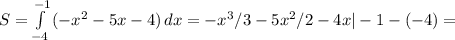 S= \int\limits^{-1}_{-4} {(-x^2-5x-4)} \, dx =-x^3/3-5x^2/2-4x|-1-(-4)=