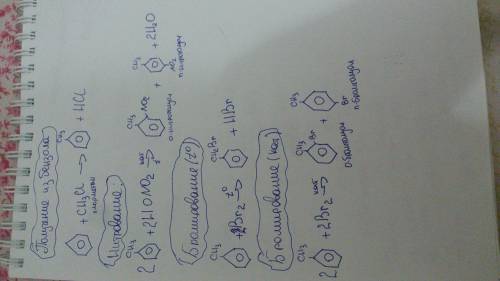 Получить толуол и написать с ним реакции. нитрования,бромирования при темпер.,бромирования в присутс