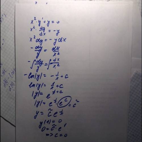 Решить дифференциальное уравнение с коши: x^2*y'+y=0 y(1)=0