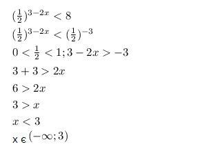 Решите неравенство: (1/2)^3-2x < 8