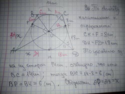 Одно из оснований трапеции равно 14 см. точка касания вписанного в трапецию окружности делит одну из