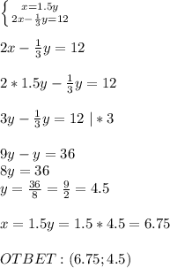 \left \{ {{x=1.5y} \atop {2x- \frac{1}{3}y=12 }} \right. \\ \\ 2x- \frac{1}{3}y=12 \\ \\ 2*1.5y- \frac{1}{3}y=12 \\ \\ 3y- \frac{1}{3}y=12 \ |*3 \\ \\ 9y-y=36 \\ 8y=36 \\ y= \frac{36}{8}= \frac{9}{2} =4.5 \\ \\ x=1.5y=1.5*4.5=6.75 \\ \\ OTBET: (6.75;4.5)