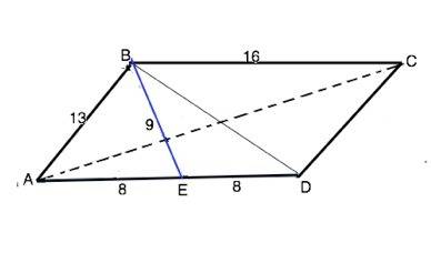 Найти диагонали параллелограма abcd, у которого ab=13 см, ad=16см и be=9см, где точка e середина сто
