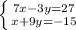 \left \{ {{7x-3y=27} \atop {x+9y=-15}} \right.