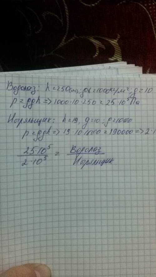 Водолаз в скафандре может погружаться в океан на глубину 250 м, а ныряльщик на глубину 19 м. рассчит