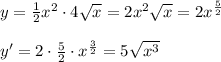 y= \frac{1}{2}x^2\cdot 4\sqrt{x}=2x^2\sqrt{x}=2x^{\frac{5}{2}}\\\\ y'=2\cdot \frac{5}{2}\cdot x^{ \frac{3}{2} }=5\sqrt{x^3}