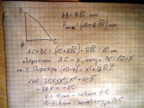 Один из катетов прямоугольного треугольника равен 2 квадратный корень из 5 сантиметров а периметр 10