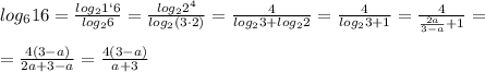 log_616= \frac{log_21`6}{log_26} = \frac{log_22^4}{log_2(3\cdot 2)} = \frac{4}{log_23+log_22} = \frac{4}{log_23+1} = \frac{4}{\frac{2a}{3-a}+1} =\\\\=\frac{4(3-a)}{2a+3-a}=\frac{4(3-a)}{a+3}