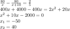 \frac{80}{x}- \frac{80}{x+10} = \frac{2}{5} \\ 400x+4000-400x=2x^{2}+20x \\ x^{2}+10x-2000=0 \\ x_{1} = -50 \\ x_{2} =40