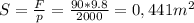 S = \frac{F}{p} = \frac{90 * 9.8}{2000} = 0,441 m^{2}