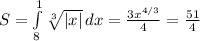 S= \int\limits^1_8 { \sqrt[3]{|x|} } \, dx = \frac{3 x^{4/3} }{4} = \frac{51}{4}