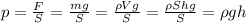 p=\frac{F}{S}=\frac{mg}{S}=\frac{\rho Vg}{S}=\frac{\rho Shg}{S}=\rho gh