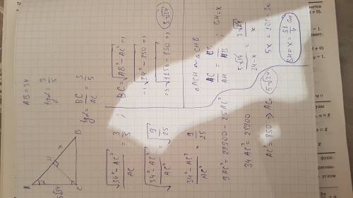 Втреугольнике abc угол c равен 90°, ch-высота, ab=34, tg a=3/5. найдите bh