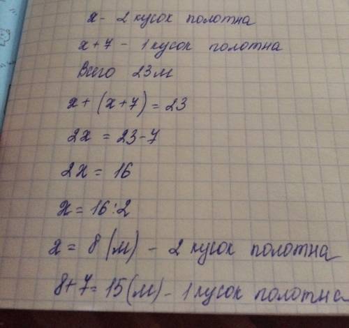 Решите с уравниния (2-3) в одном куске полотна на 7 м больше,чем в другом , а всего в них 23м скольк