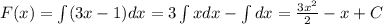 F(x)=\int(3x-1)dx=3\int xdx-\int dx=\frac{3x^2}{2}-x+C