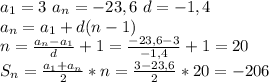 a_1=3\ a_n=-23,6\ d=-1,4\\a_n=a_1+d(n-1)\\n=\frac{a_n-a_1}{d}+1=\frac{-23,6-3}{-1,4}+1=20\\S_n=\frac{a_1+a_n}{2}*n=\frac{3-23,6}{2}*20=-206