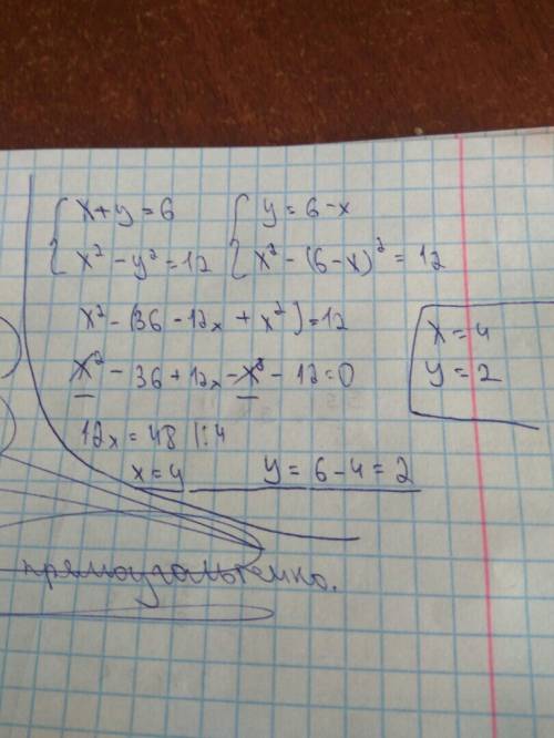 Решите систему уравнений x+y=6 x²-y²=12