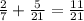 \frac{2}{7} + \frac{5}{21} = \frac{11}{21}