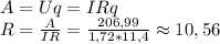 A=Uq=IRq\\&#10;R=\frac{A}{IR}=\frac{206,99}{1,72*11,4}\approx 10,56