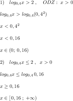 1)\quad log_{0,4}x\ \textgreater \ 2\; ,\; \; \; \; ODZ:\; x\ \textgreater \ 0\\\\log_{0,4}x\ \textgreater \ log_{0,4}(0,4^{2})\\\\x\ \textless \ 0,4^2\\\\x\ \textless \ 0,16\\\\x\in (0 ;\; 0,16)\\\\2)\quad log_{0,4}x \leq 2\; ,\; \; x\ \textgreater \ 0\\\\log_{0,4}x \leq log_{0,4}\, 0,16\\\\x \geq 0,16\\\\x\in [\, 0,16\; ;\; +\infty )